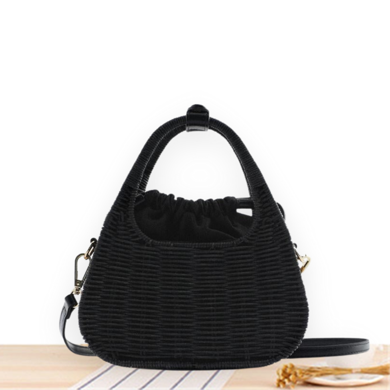 Panier de Plage Noir en Paille pour Femme